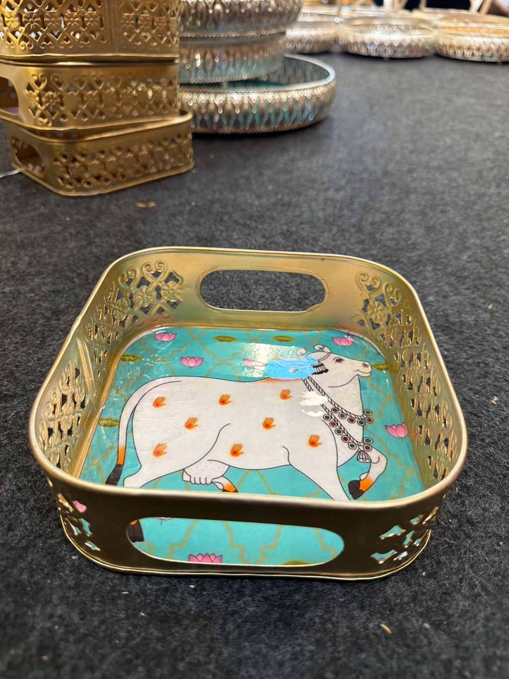 Gold Finish Metal Tray Square 6 inch - Design I