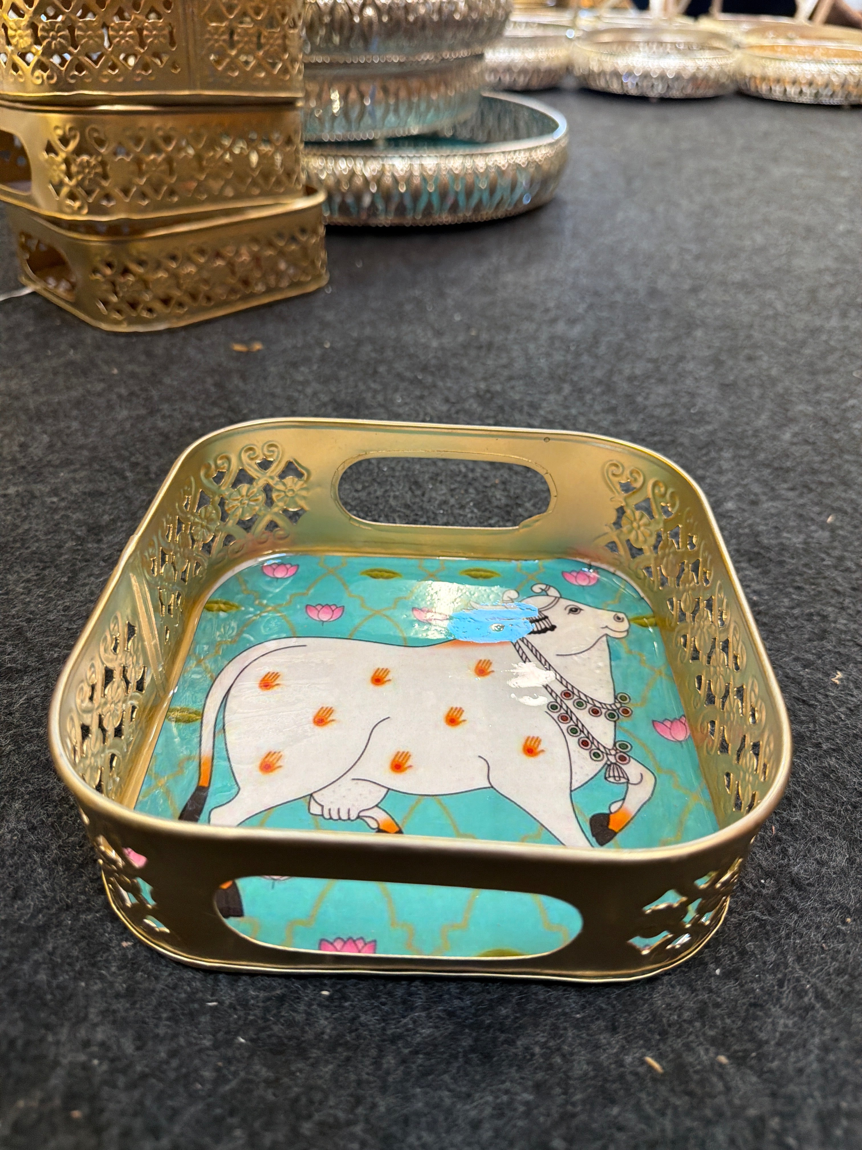 Gold Finish Metal Tray Square 6 inch - Design I