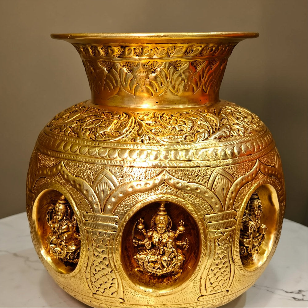 Brass Ashtalakshmi Kalash for Pooja (Yellow, 8″)