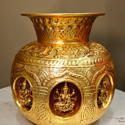 Brass Ashtalakshmi Kalash for Pooja (Yellow, 8″)