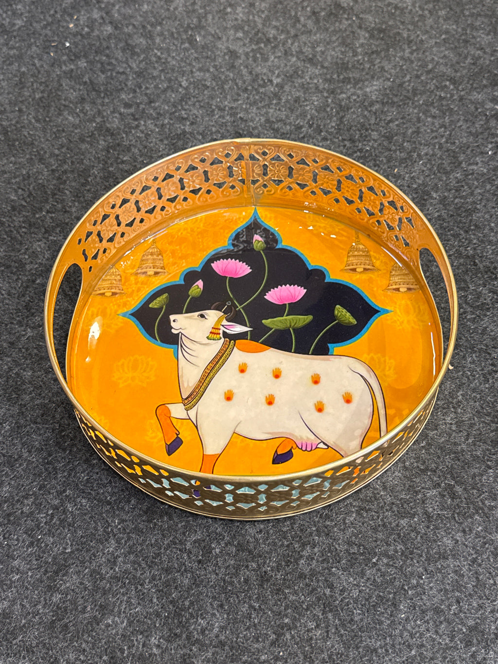 Gold Finish Metal Tray Round 8 inch - Design D