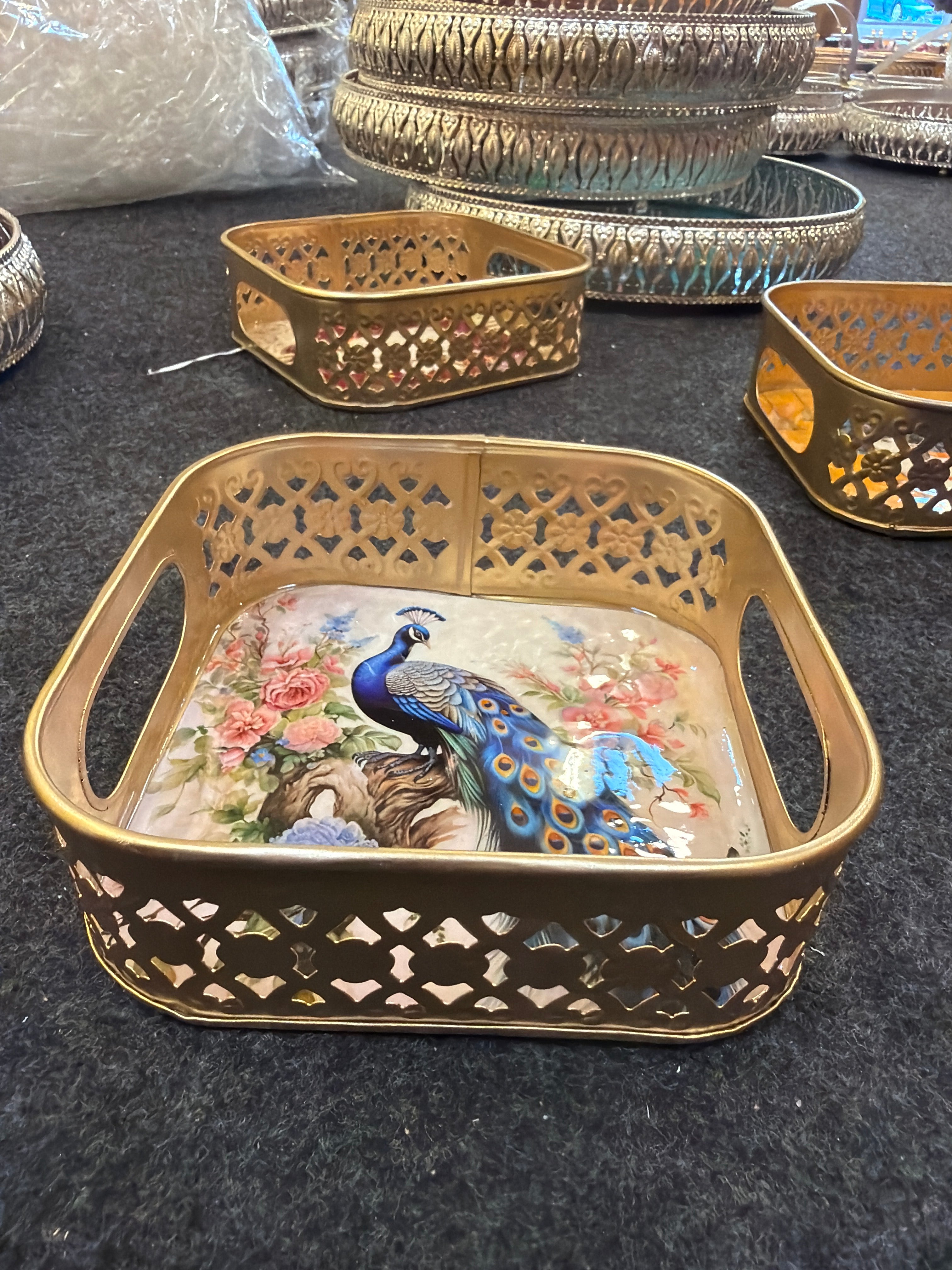 Gold Finish Metal Tray Square 6 inch - Design B