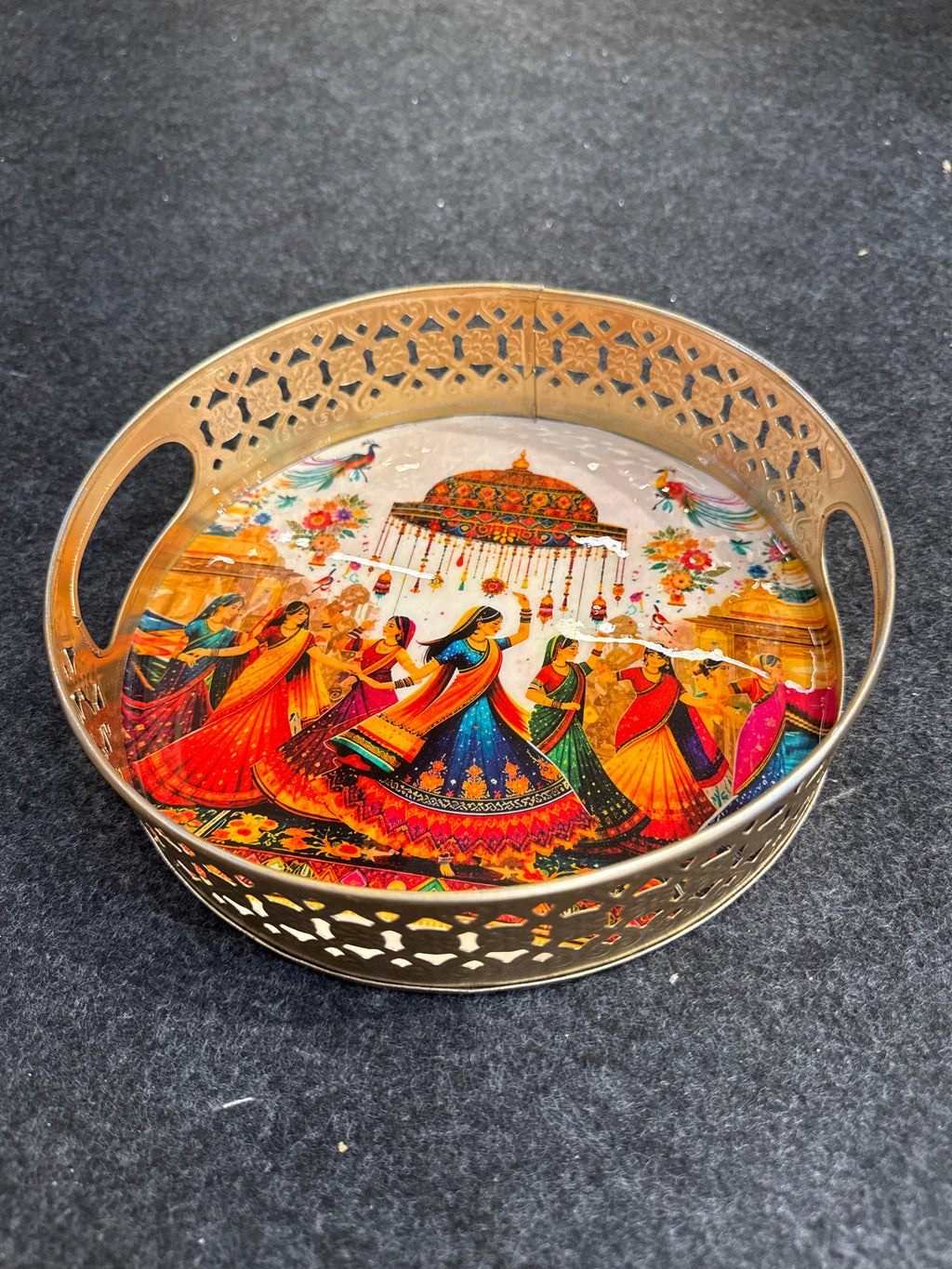 Gold Finish Metal Tray Round 8 inch - Design C