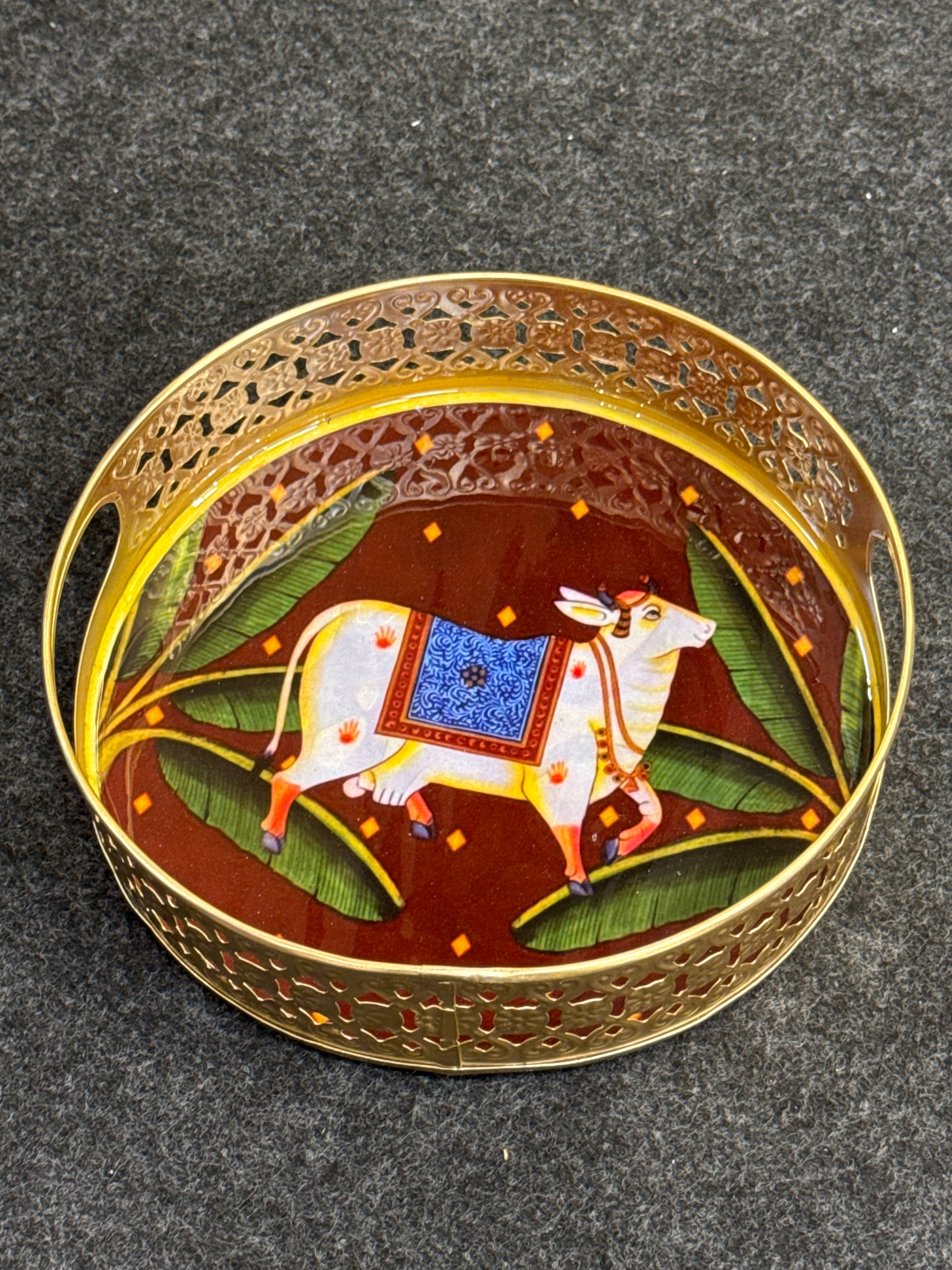 Gold Finish Metal Tray Round 8 inch - Design G