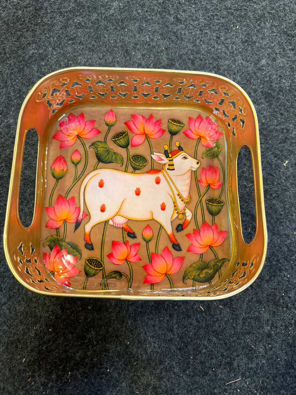 Gold Finish Metal Tray Square 6 inch - Design H