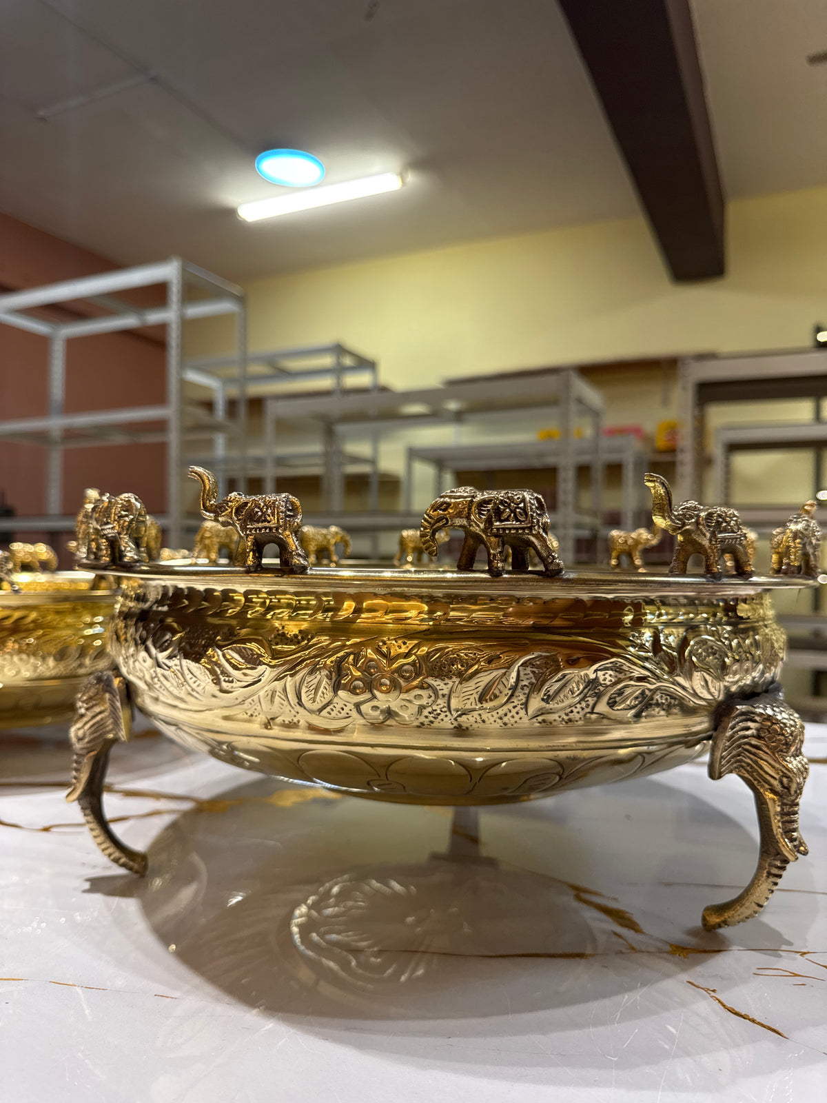 Premium Brass Elephant Urli – 14 Inch | Decorative Pooja & Flower Bowl