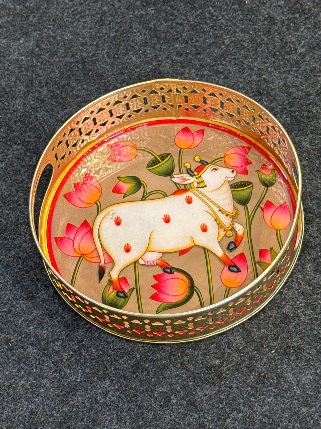 Gold Finish Metal Tray Round 8 inch - Design H