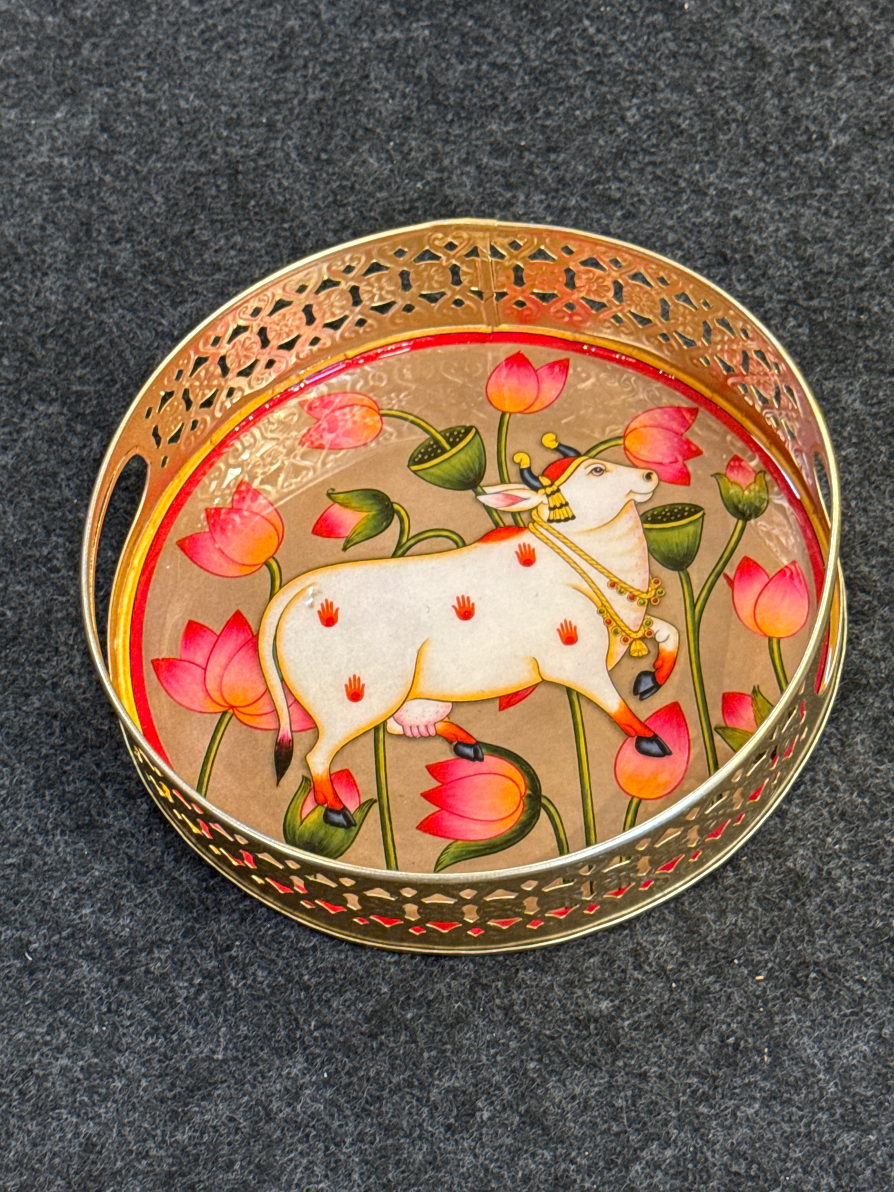 Gold Finish Metal Tray Round 8 inch - Design H