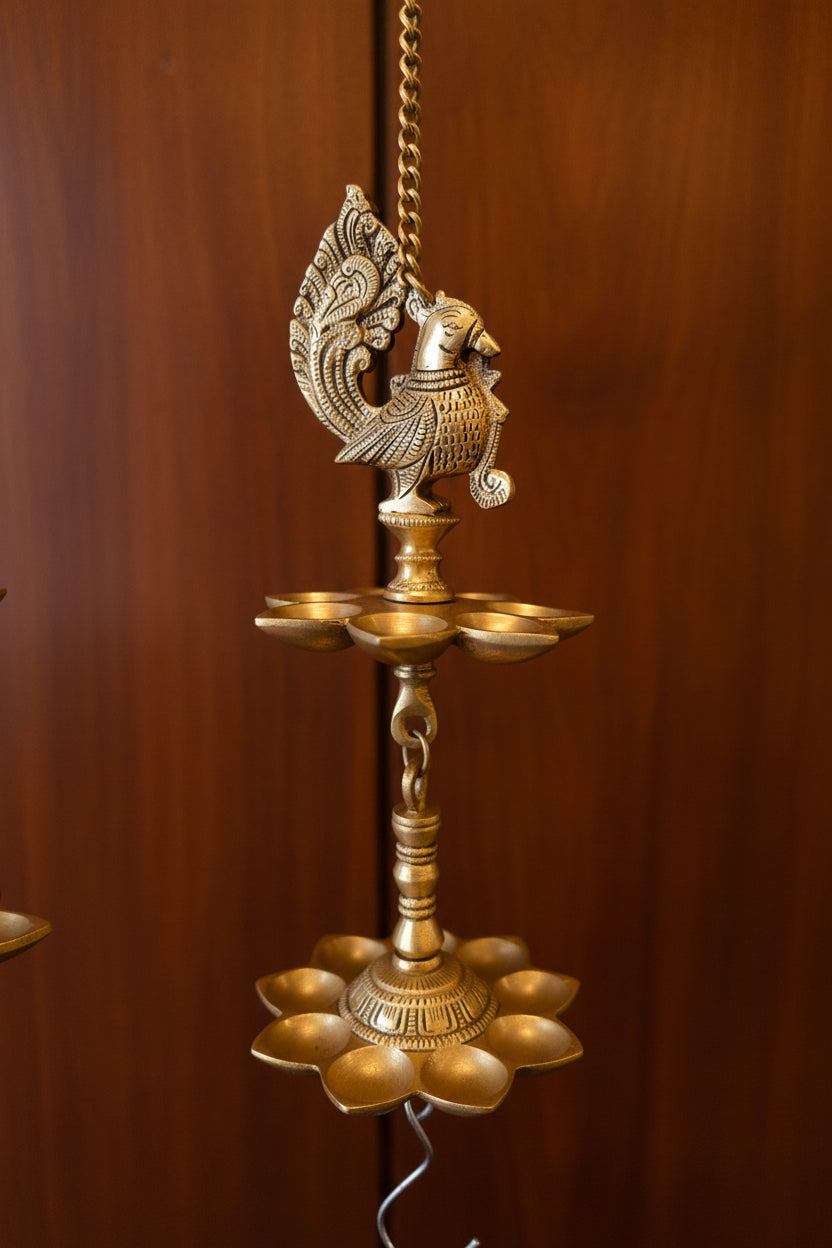 Brass Peacock Hanging Diya with Double Lotus Tray (Pair), 20″ Chain