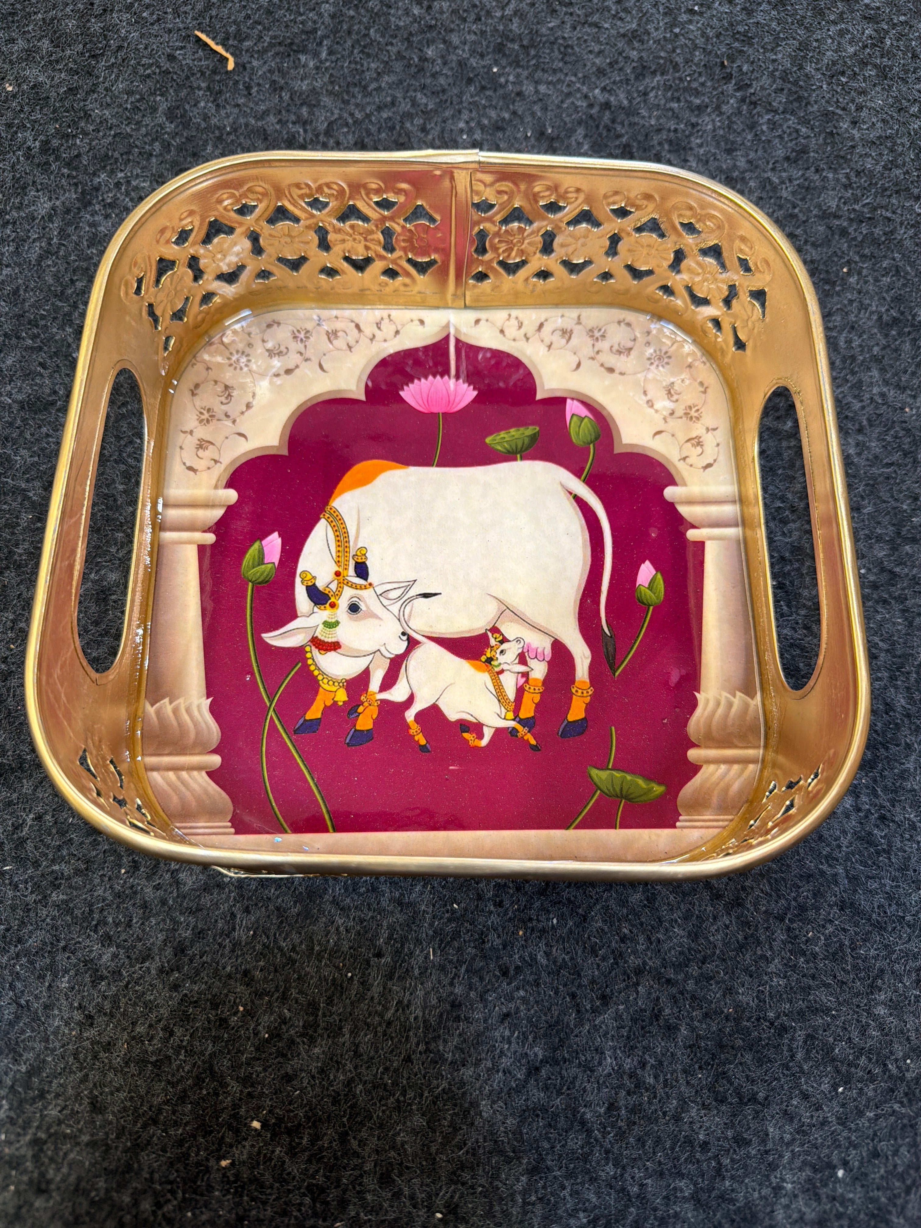 Gold Finish Metal Tray Square 6 inch - Design A