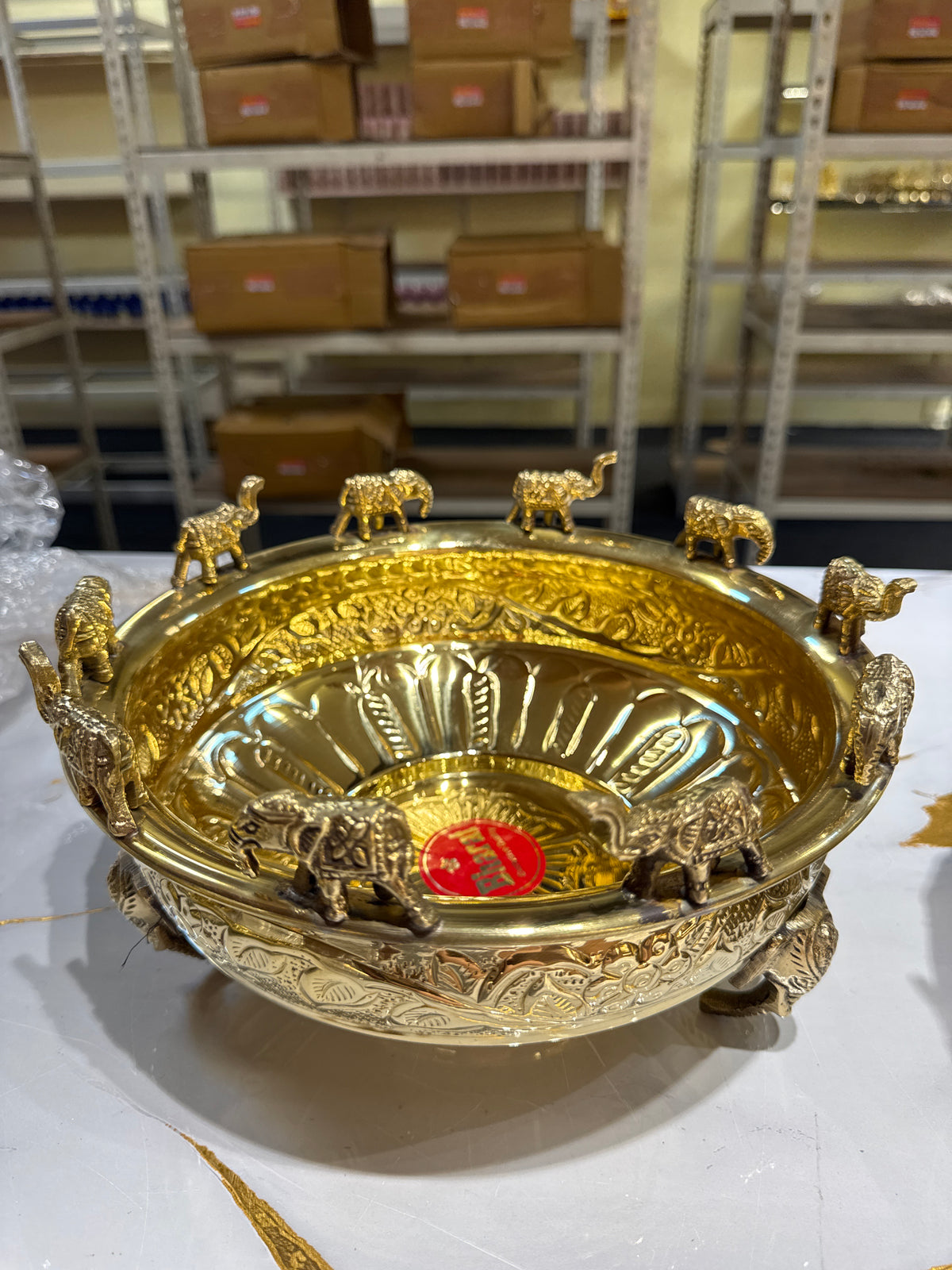 Premium Brass Elephant Urli – 10 Inch | Traditional Decorative Flower & Pooja Bowl