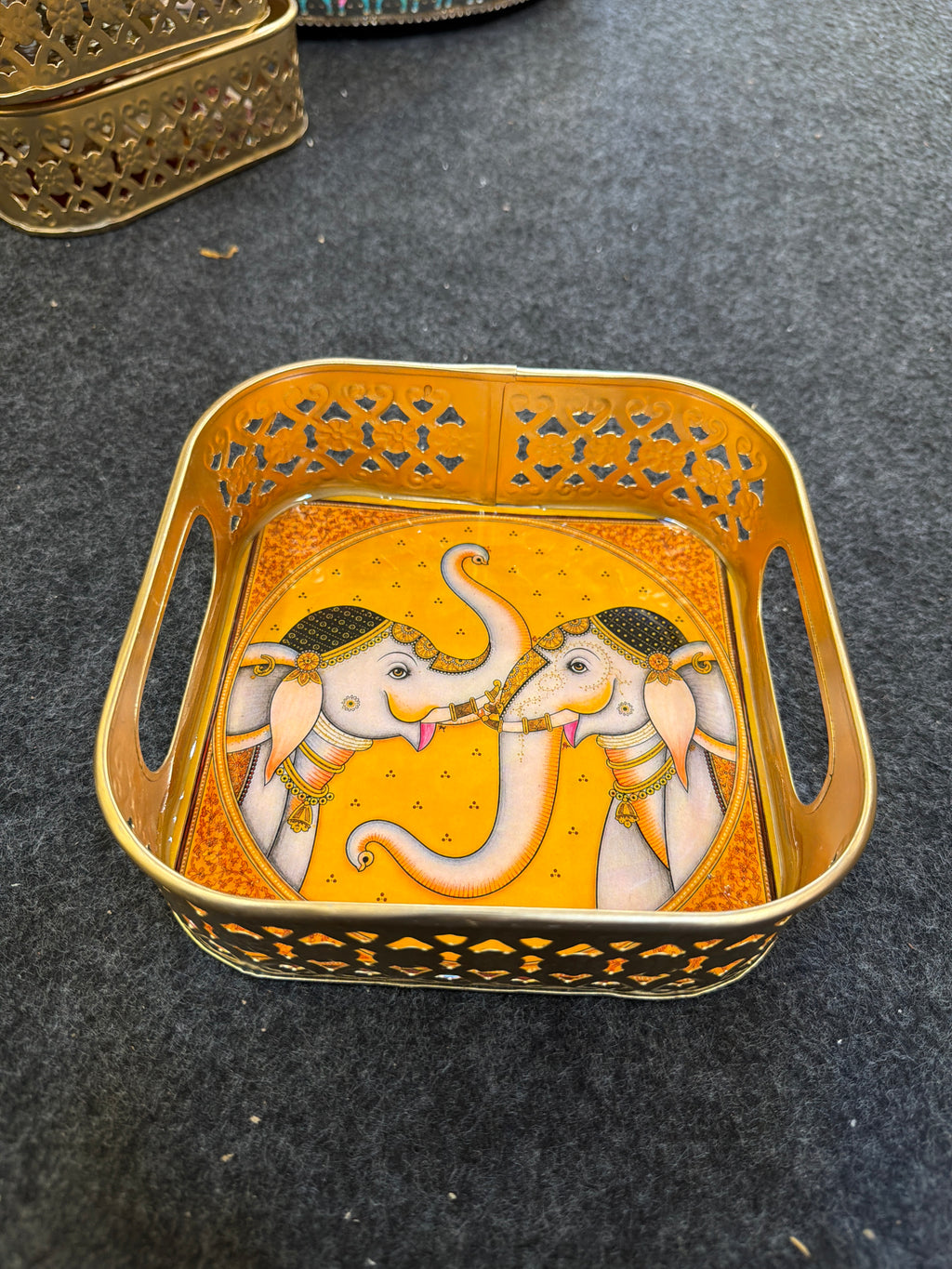 Gold Finish Metal Tray Square 6 inch - Design E