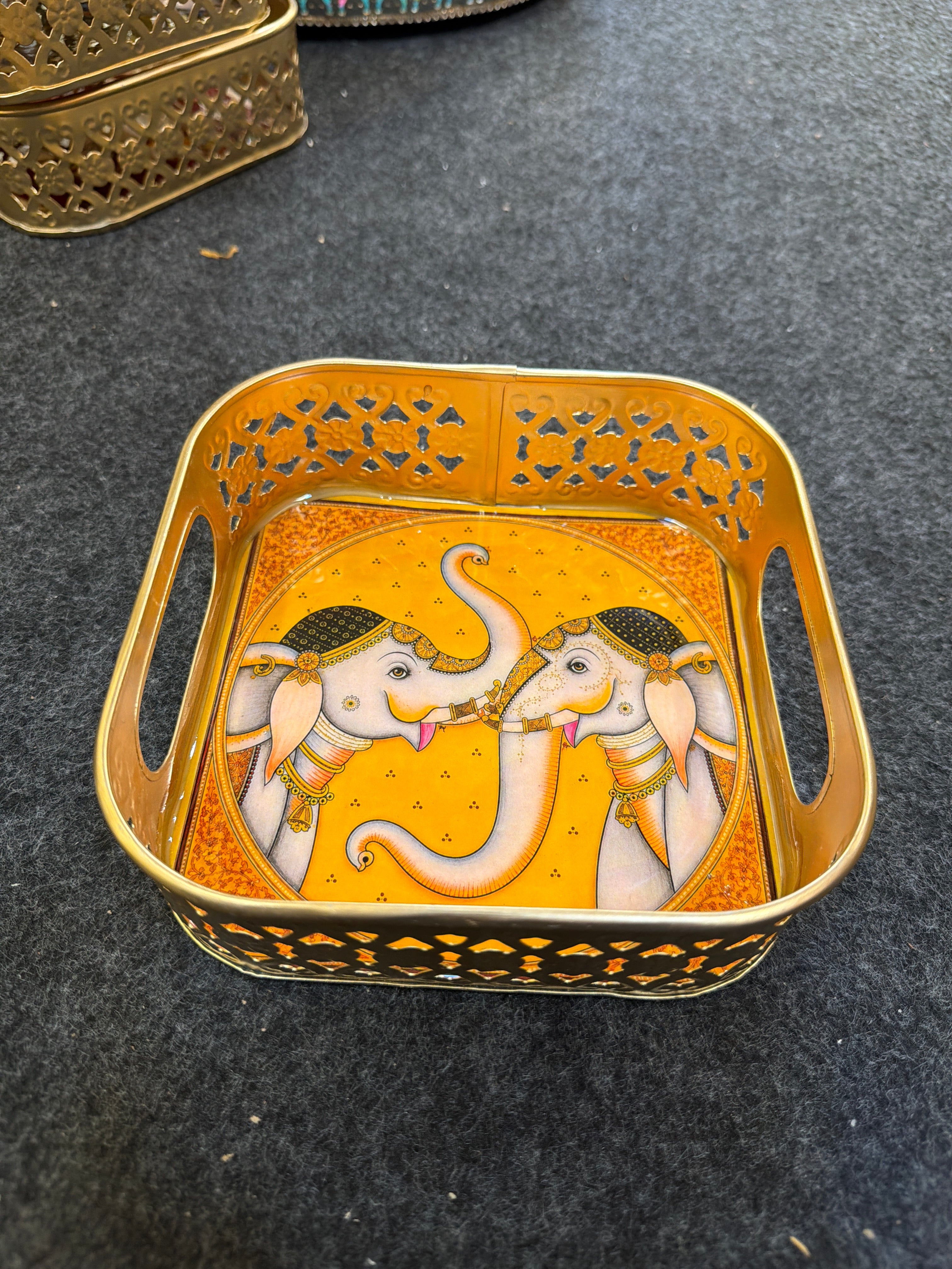Gold Finish Metal Tray Square 6 inch - Design E