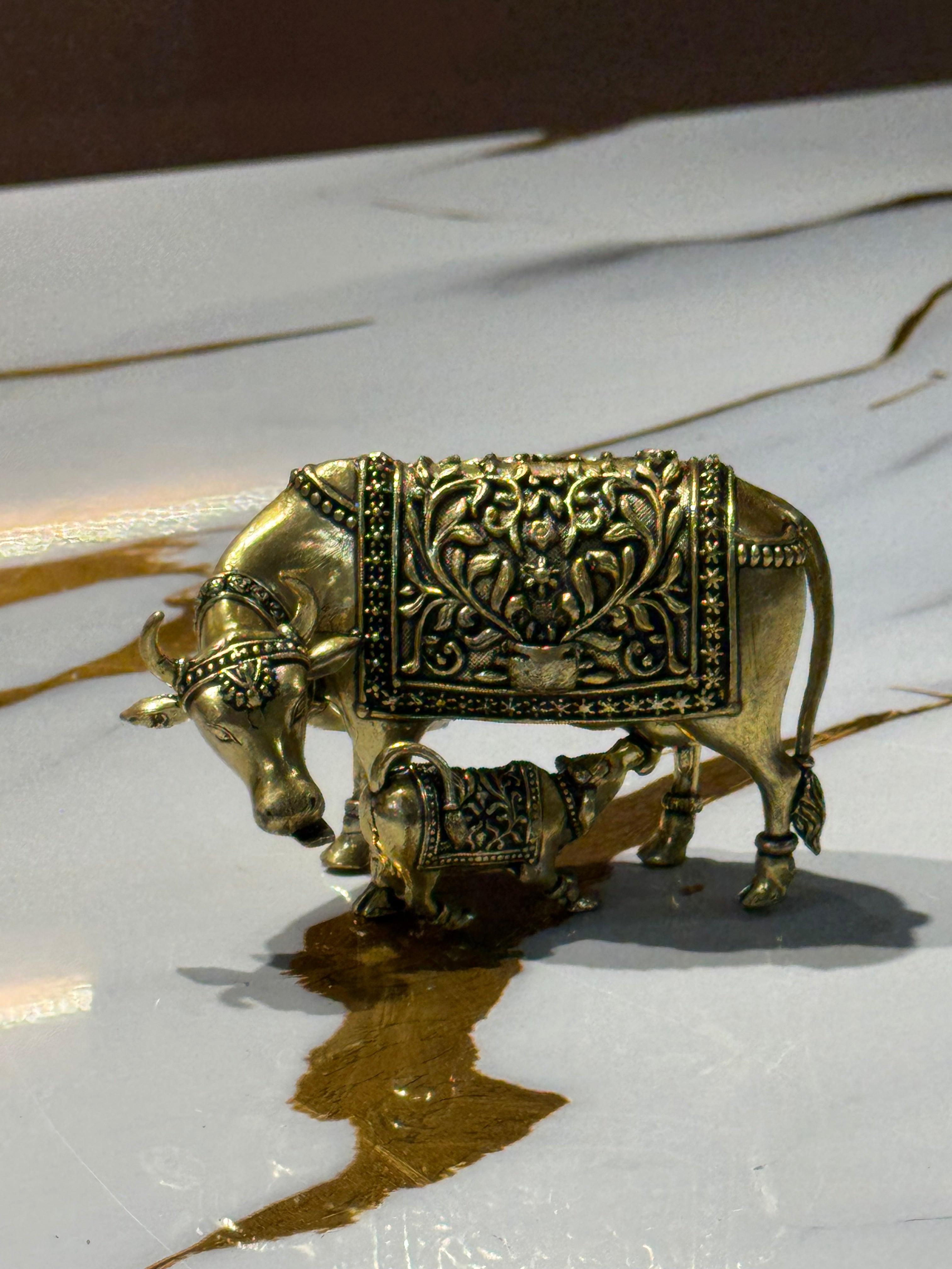 Brass Cow & Calf Statue - Embossed Design