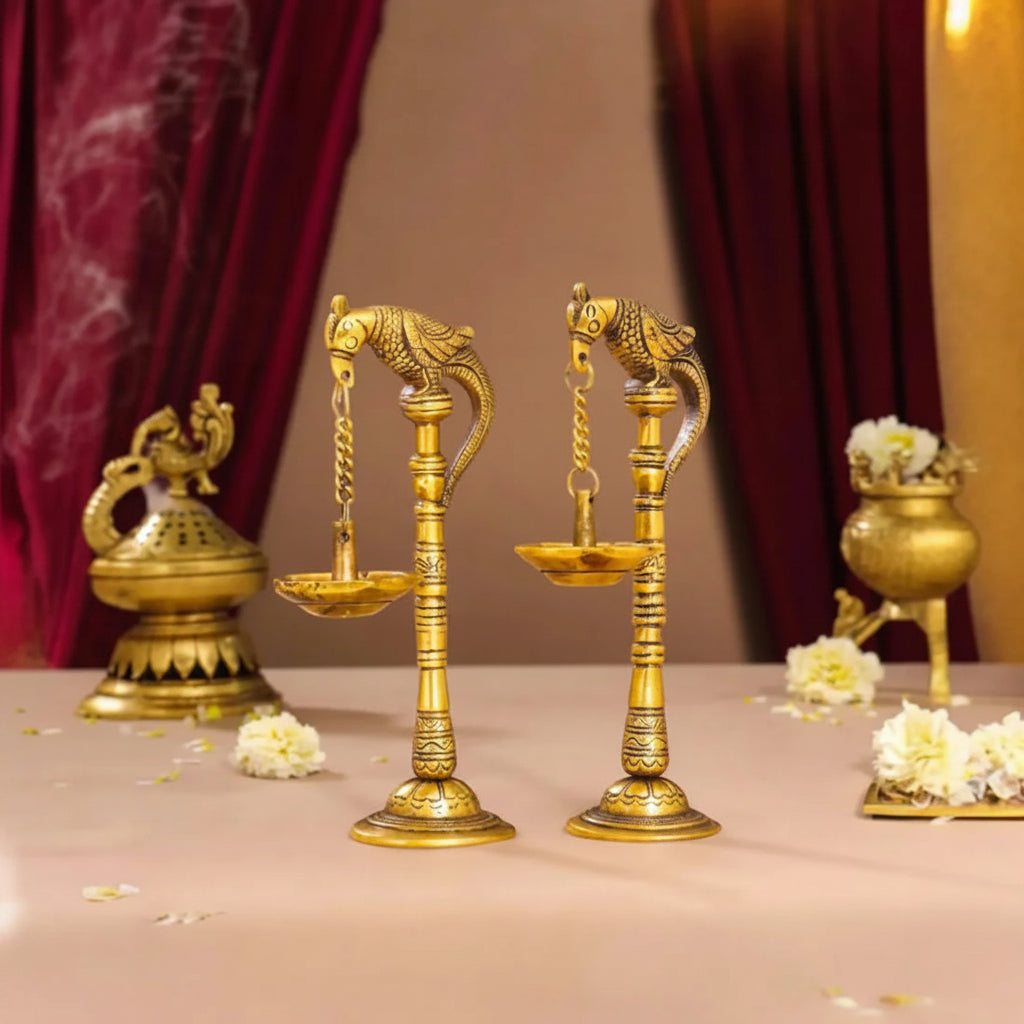 Pair of Brass Bird Diya Oil Lamp Stands
