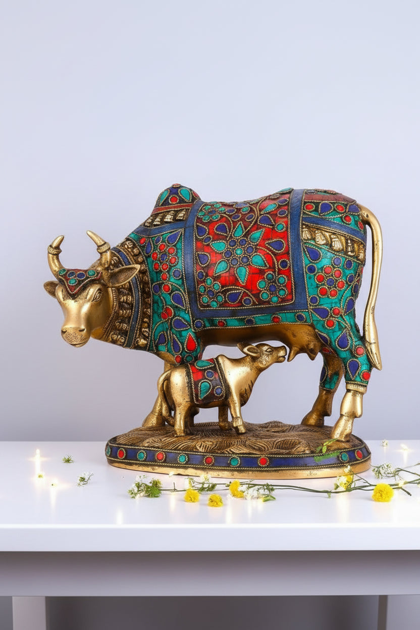 Decorative Cow & Calf Brass Statue with Stone Work