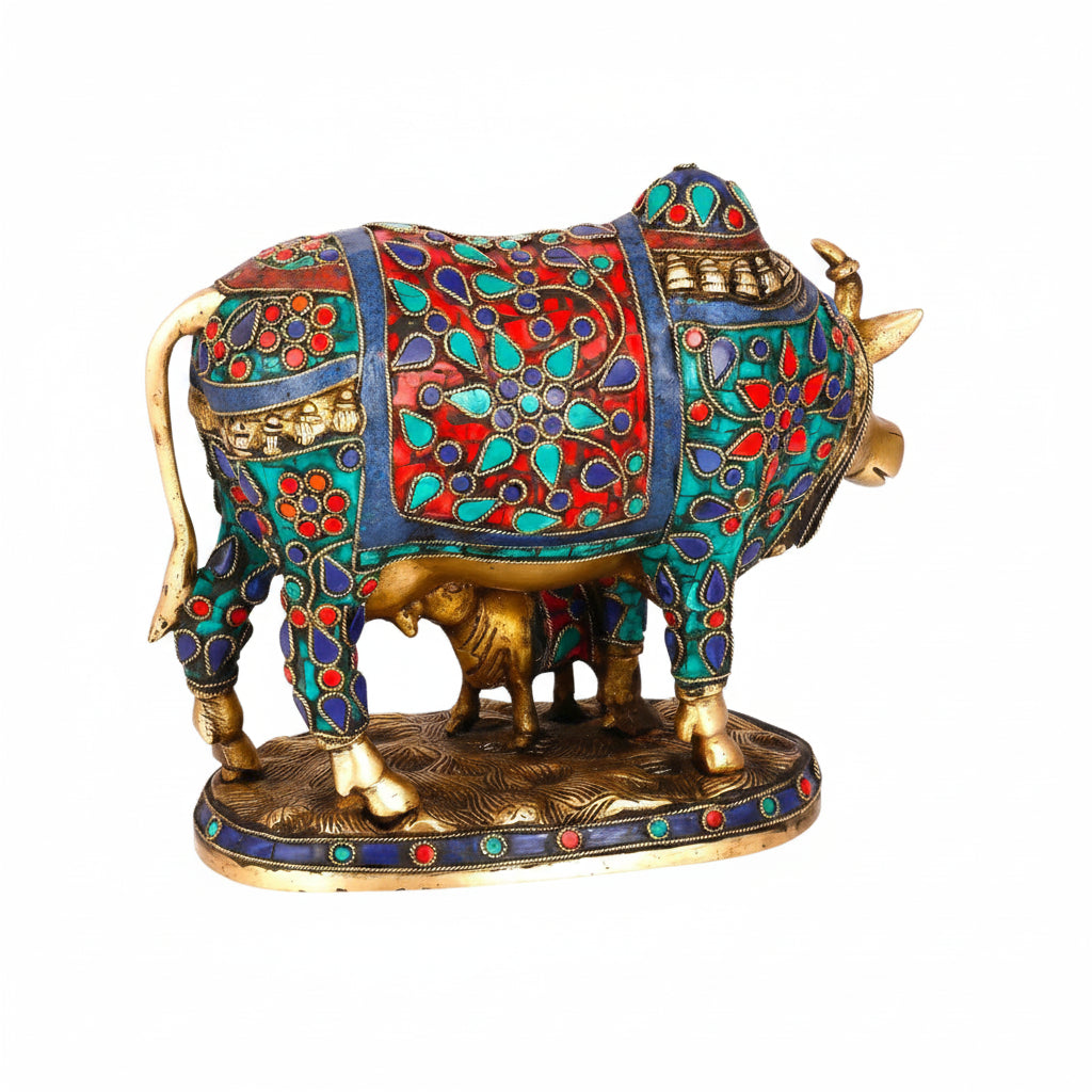 Decorative Cow & Calf Brass Statue with Stone Work