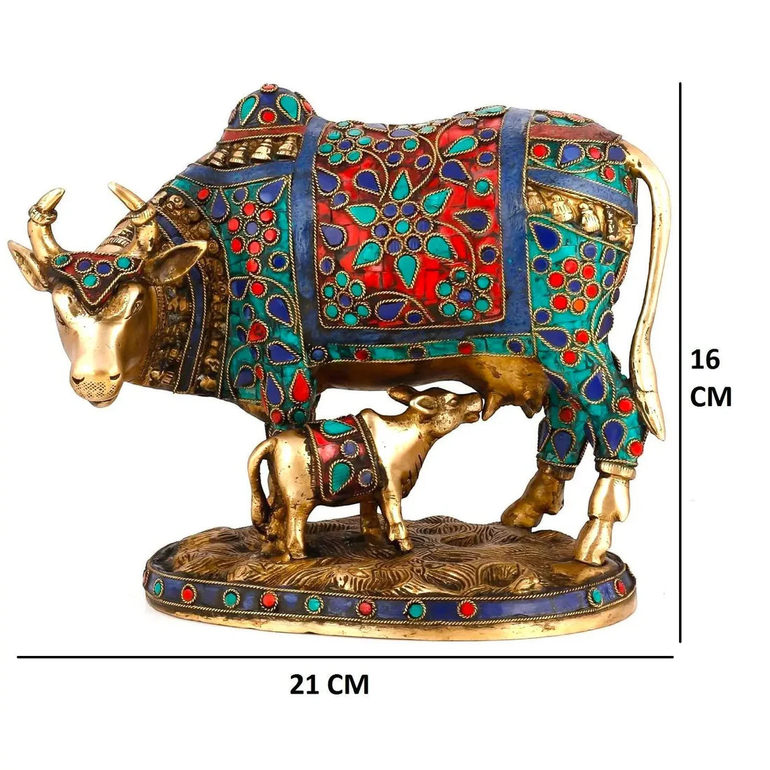 Decorative Cow & Calf Brass Statue with Stone Work