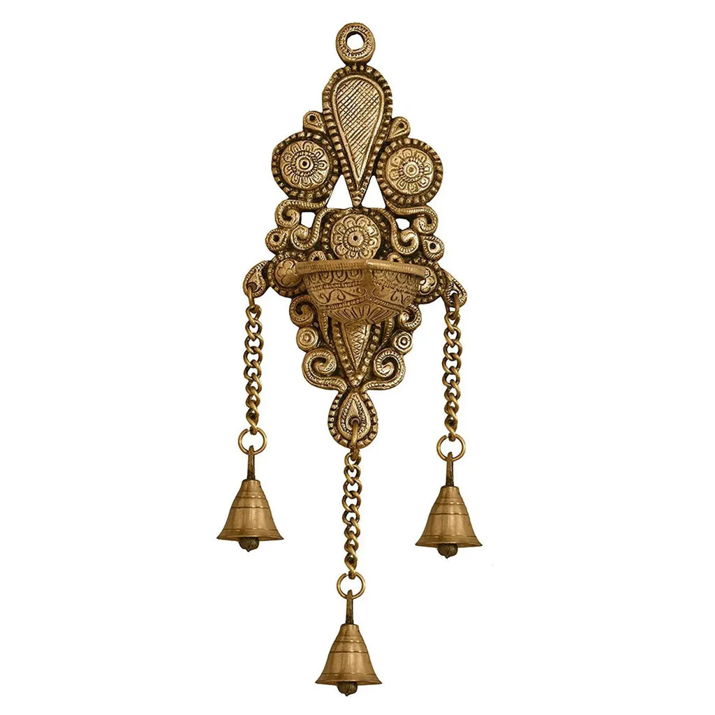 Brass Wall Hanging Deepak & Candle Stand with Bells (11″)