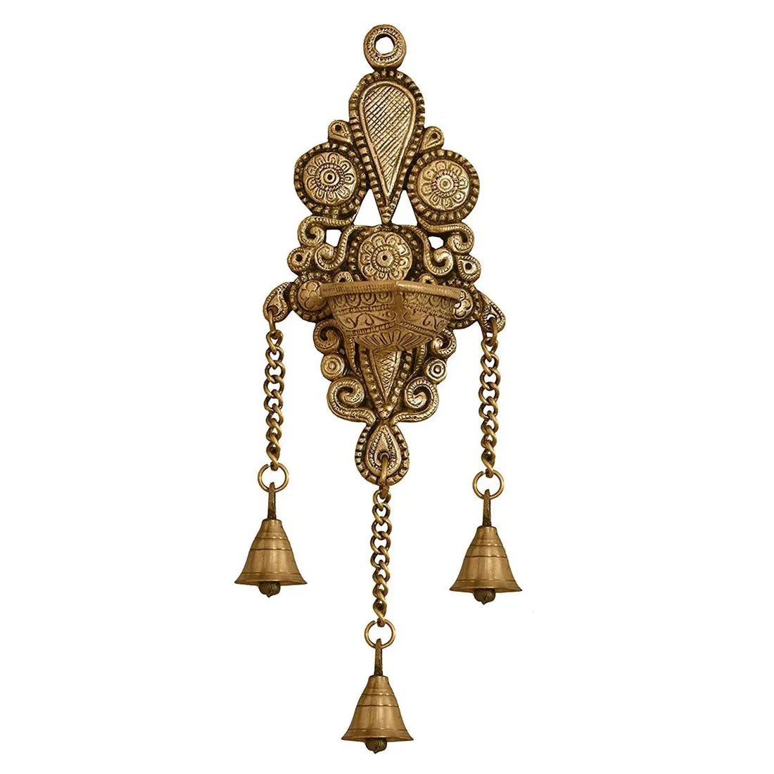 Brass Wall Hanging Deepak & Candle Stand with Bells (11″)