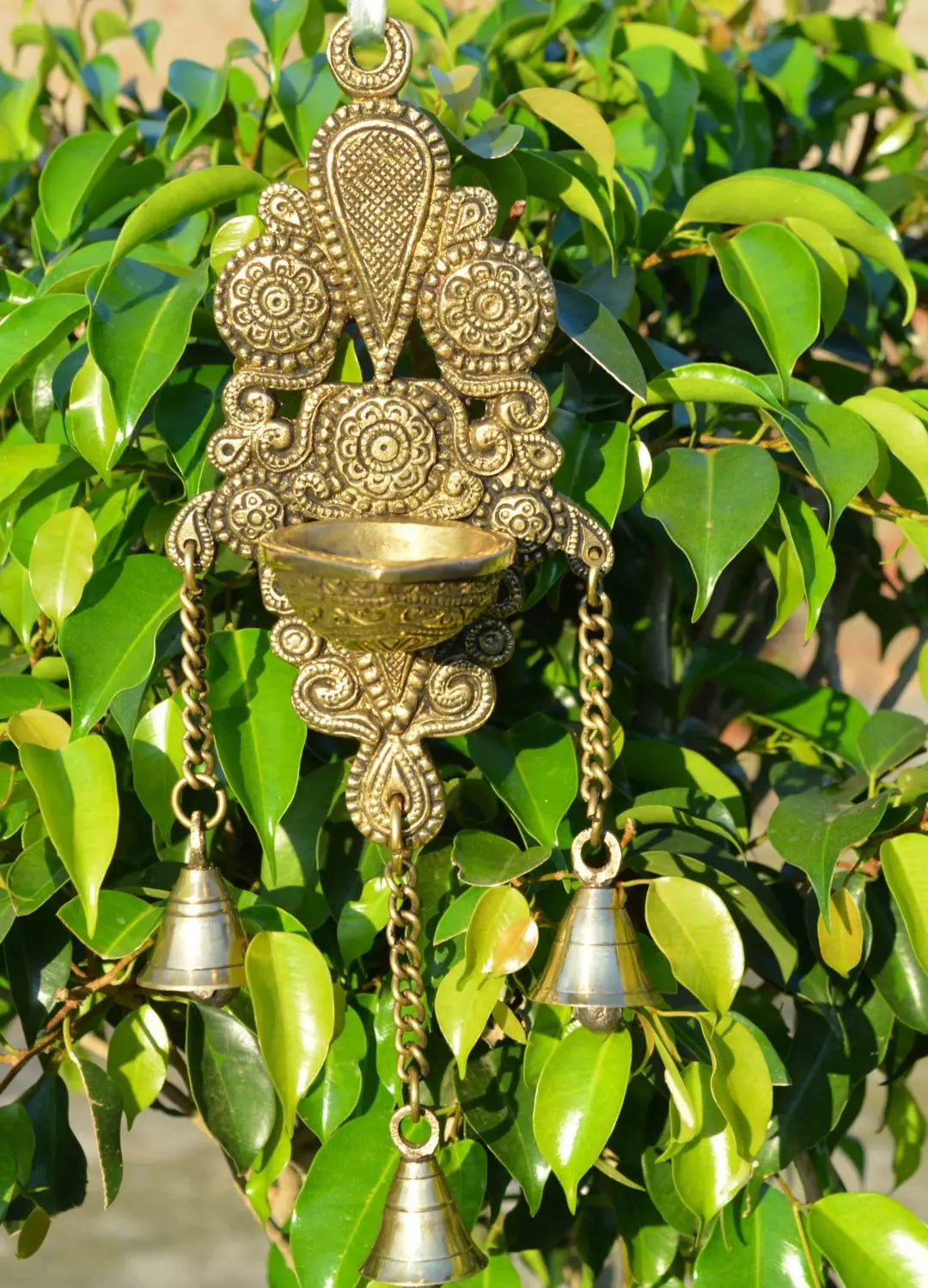 Brass Wall Hanging Deepak & Candle Stand with Bells (11″)