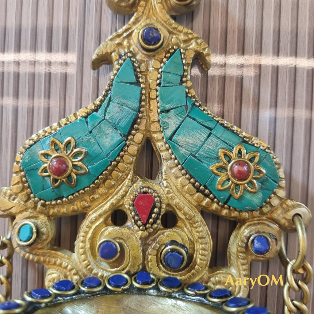 Brass Wall Hanging Deepak with 3 Bells (Multicolour)