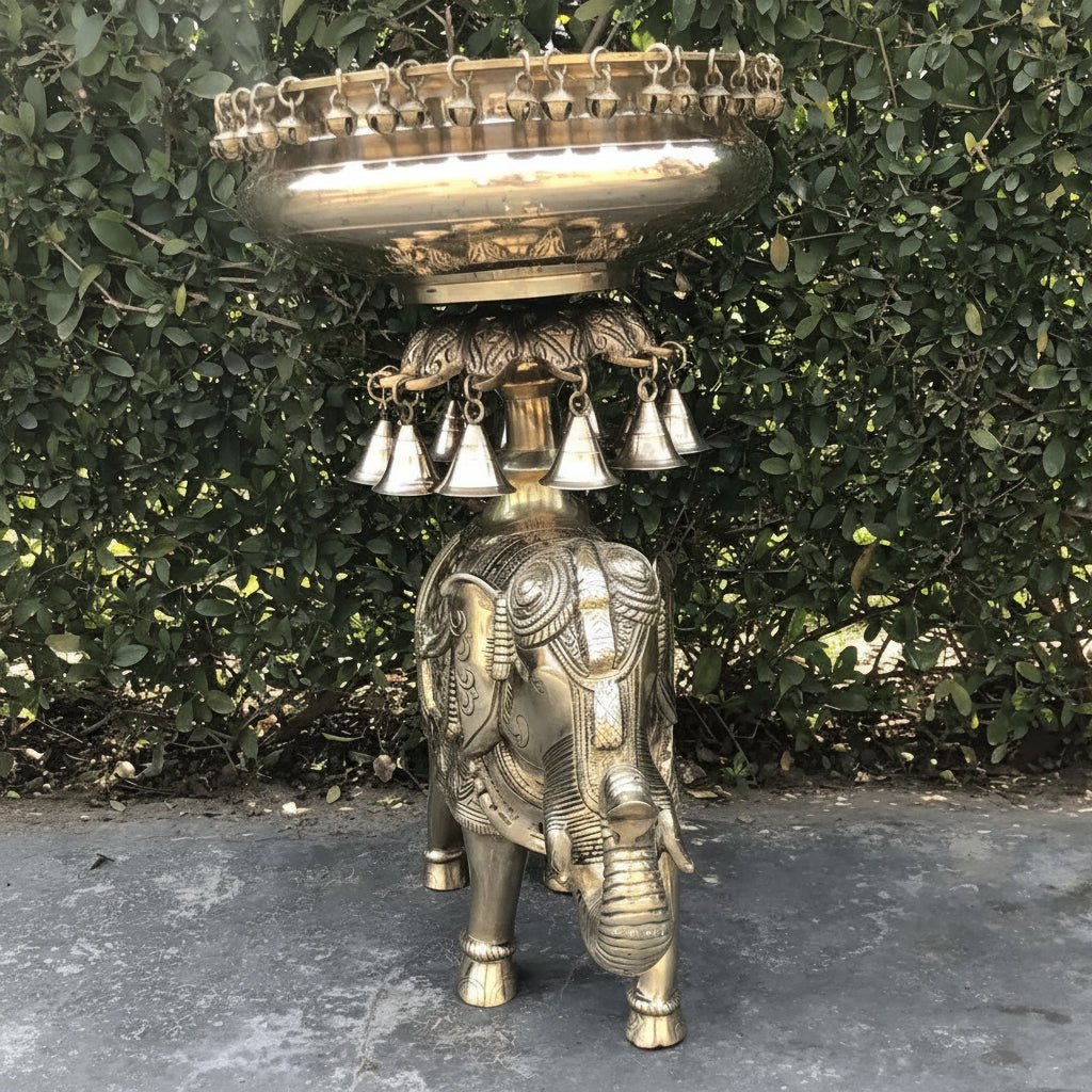 Brass Urli with Elephants, Yellow Antique (21″)