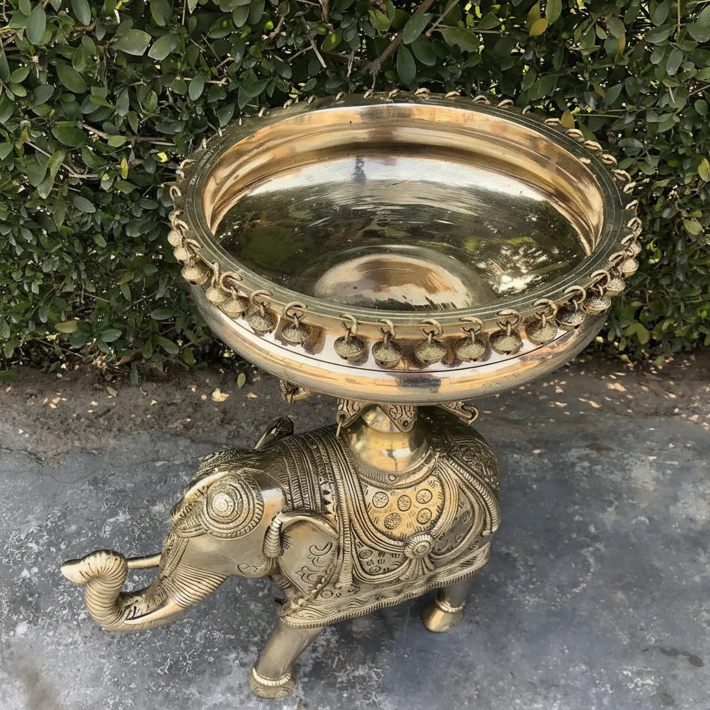 Brass Urli with Elephants, Yellow Antique (21″)