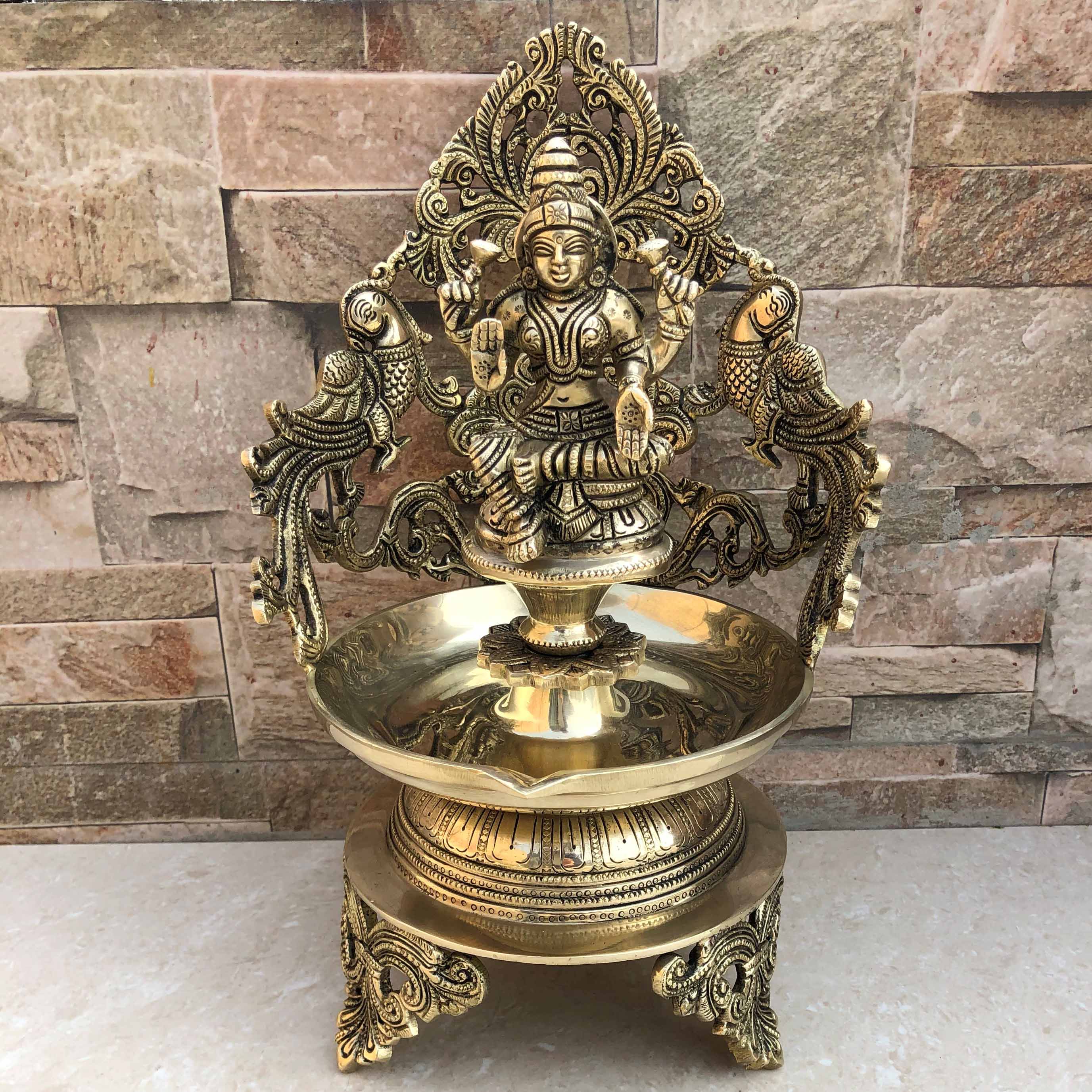 Brass Lakshmi Diya, Large (Antique Yellow, 12.8″)
