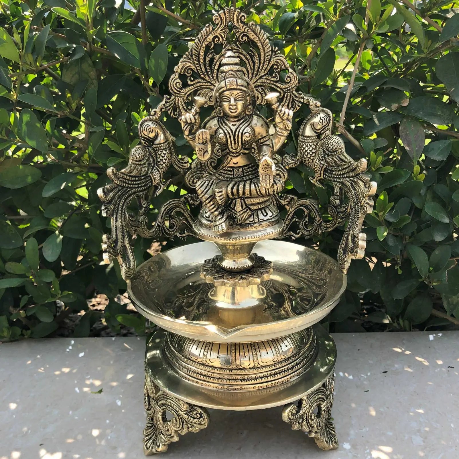 Brass Lakshmi Diya, Large (Antique Yellow, 12.8″)