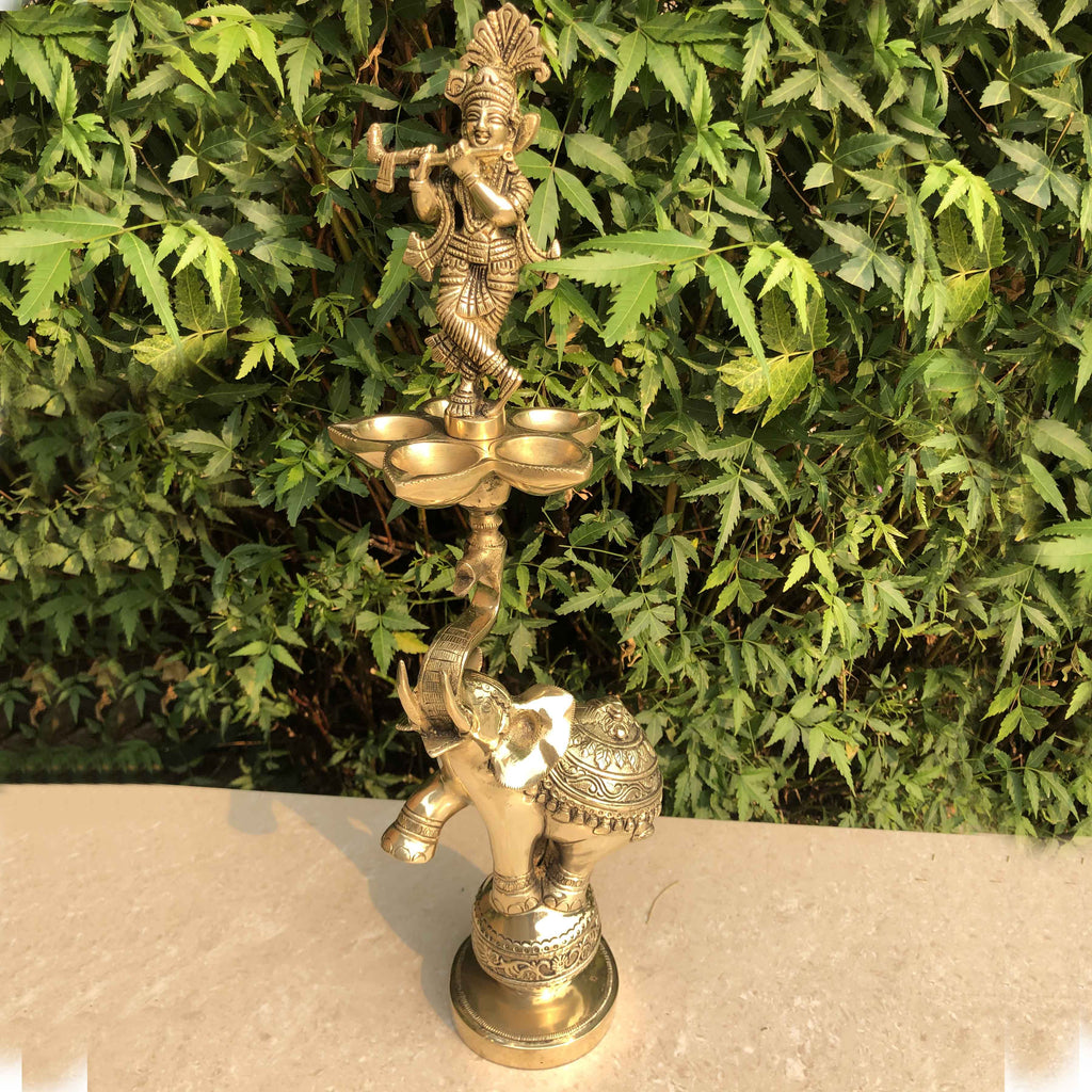 Brass Ganesha Lamp with Elephant Stand (Antique Yellow, 18″)