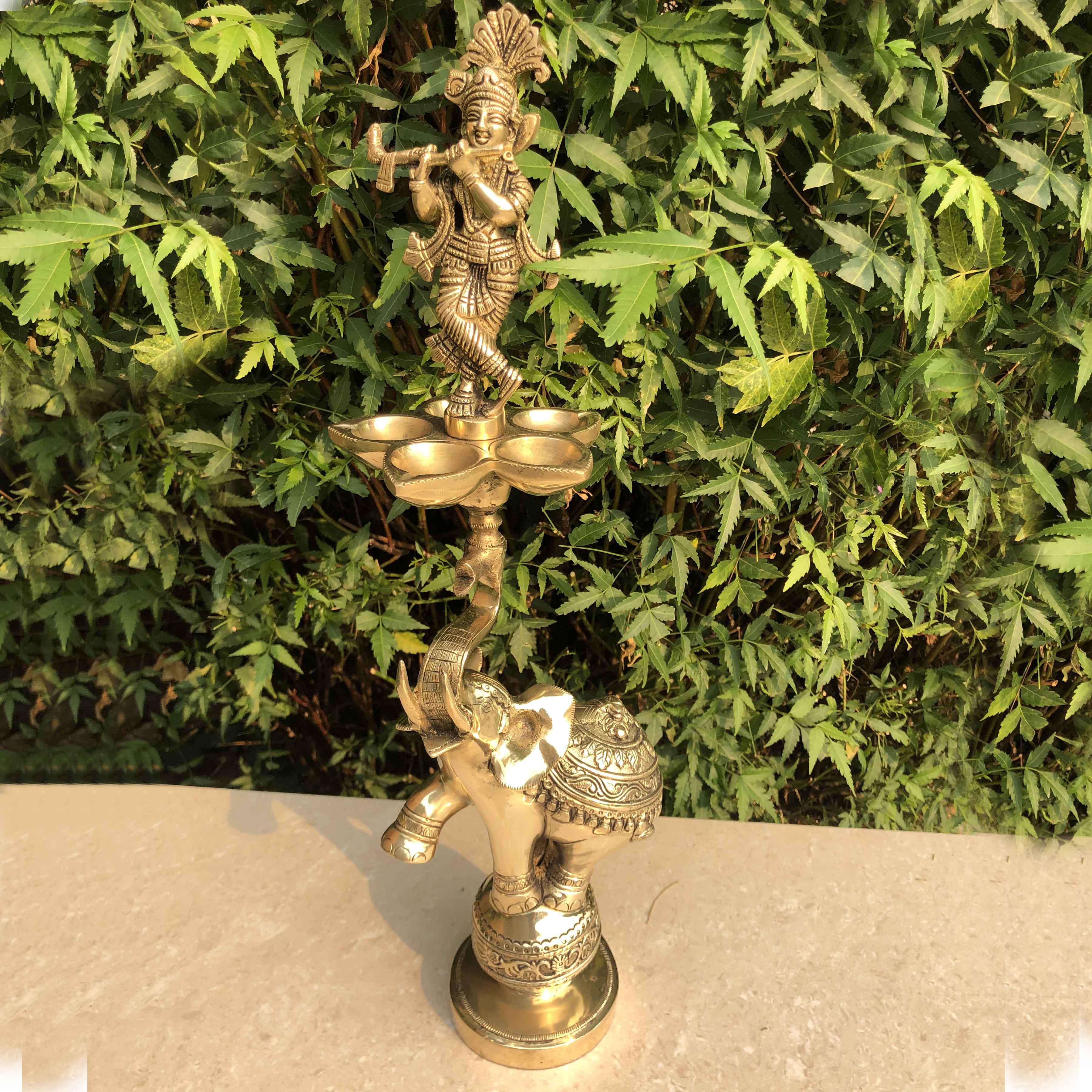 Brass Ganesha Lamp with Elephant Stand (Antique Yellow, 18″)