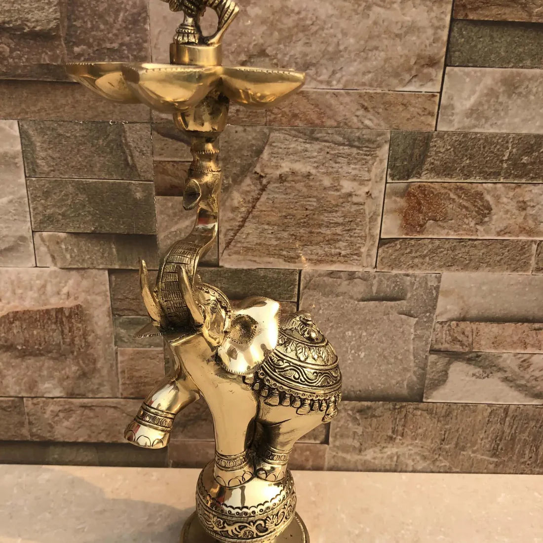 Brass Ganesha Lamp with Elephant Stand (Antique Yellow, 18″)