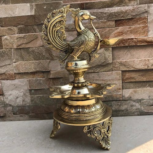 Brass Peacock Deepak Stand for Home Temple