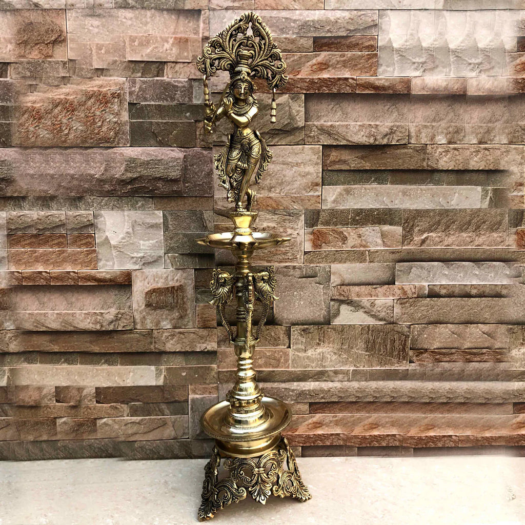 Large Brass Fluting Krishna Lamp (Antique Yellow, 29″)