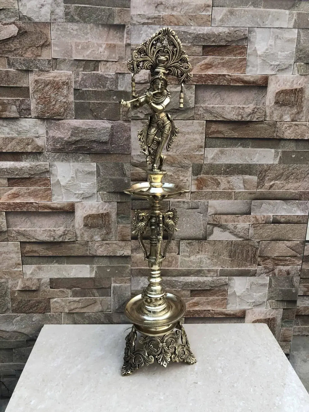 Large Brass Fluting Krishna Lamp (Antique Yellow, 29″)