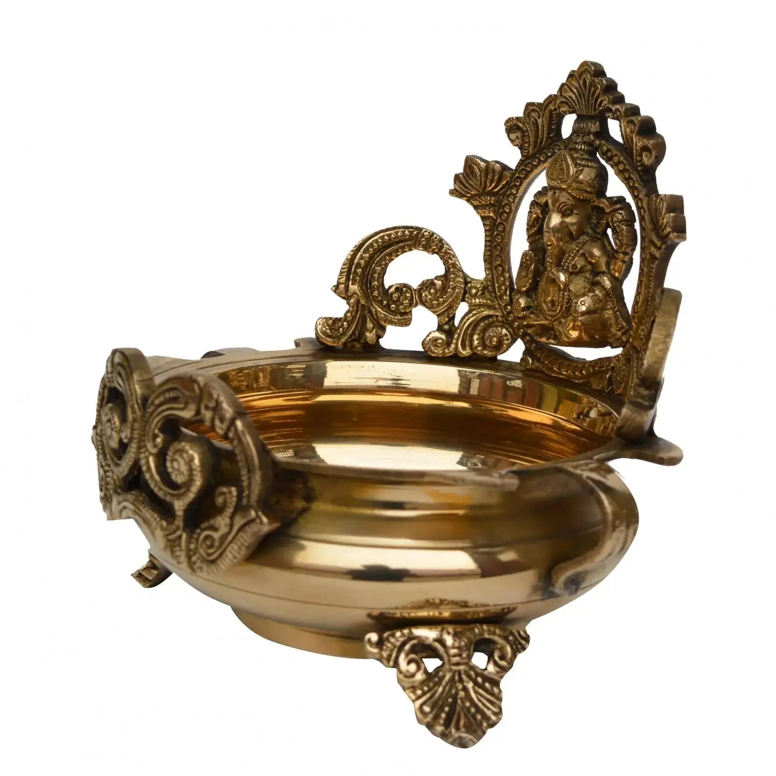 Carved Brass Urli with Ganesha Statue (7″)