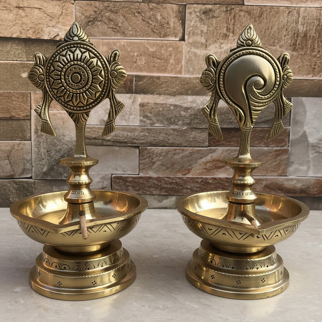 Shankh Chakra Brass Diya Lamp (7″)