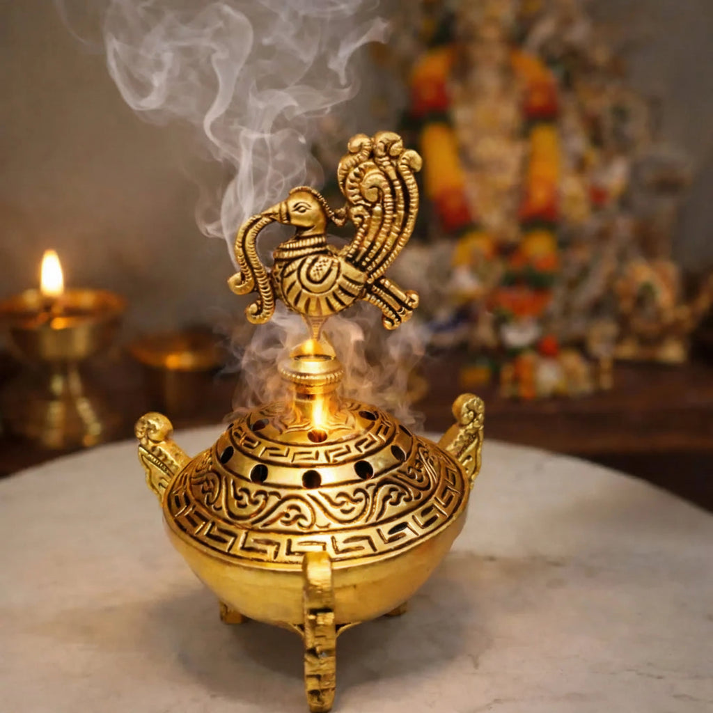 Brass Dhoop Daani Incense Burner (Yellow, 6″)
