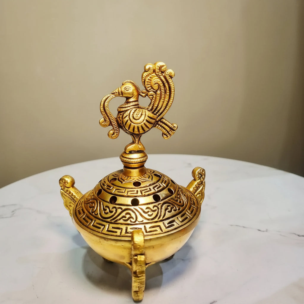 Brass Dhoop Daani Incense Burner (Yellow, 6″)