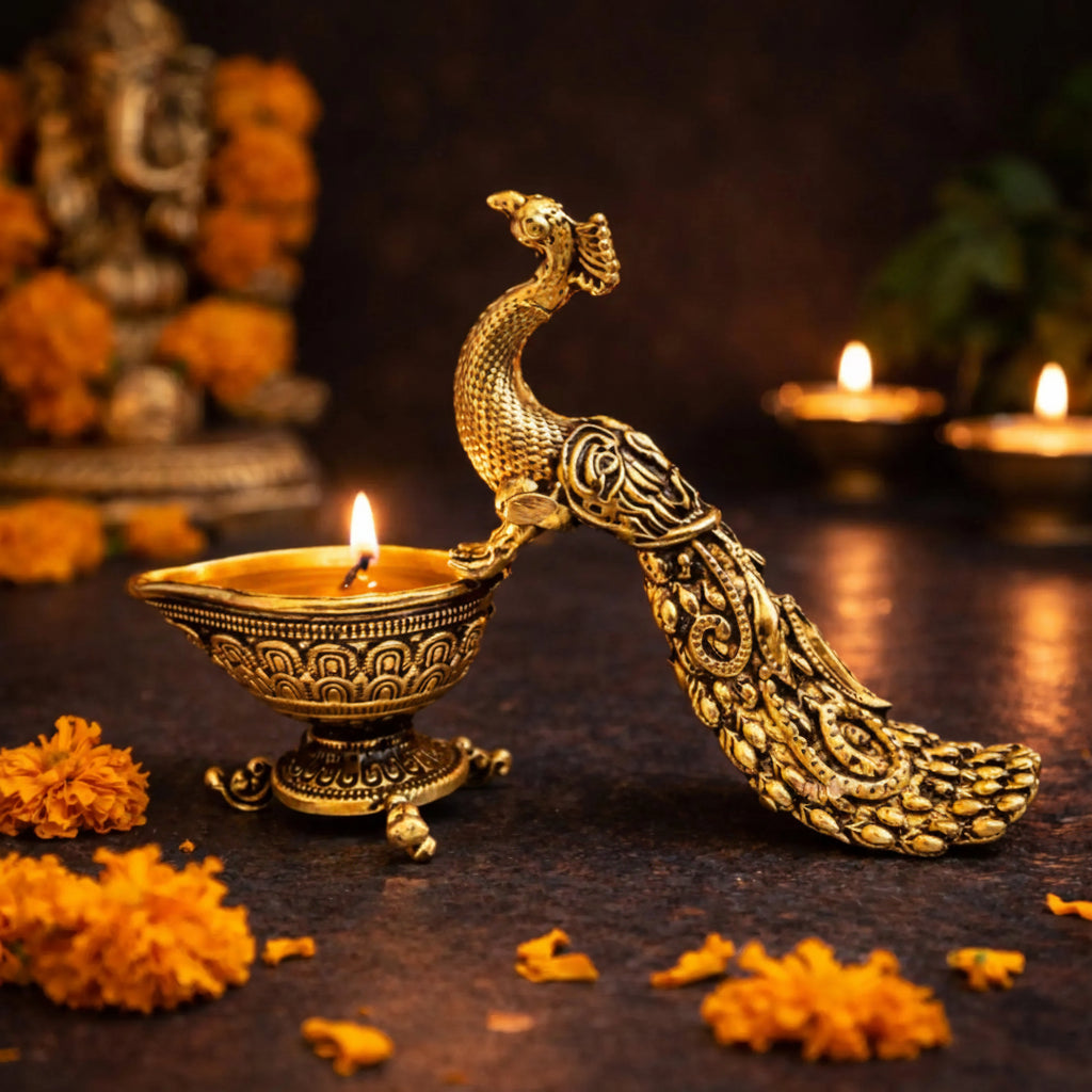 Brass Peacock Diya, Lightweight (Yellow, 3″)