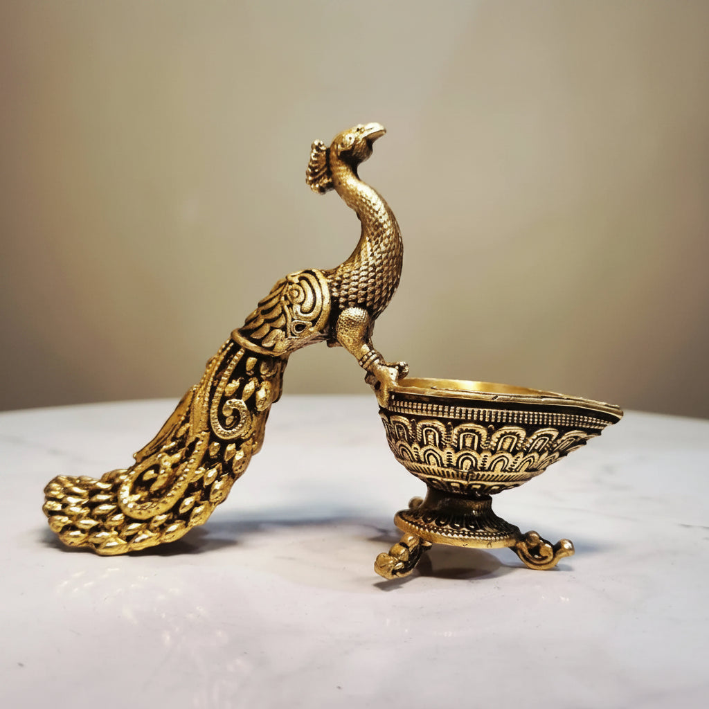Brass Peacock Diya, Lightweight (Yellow, 3″)