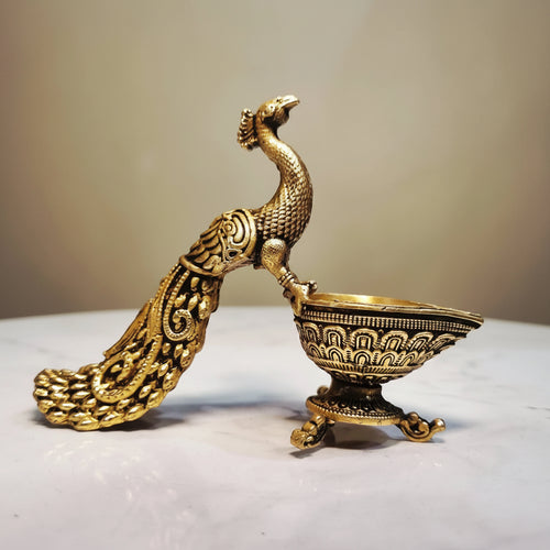 Brass Peacock Diya, Lightweight (Yellow, 3″)