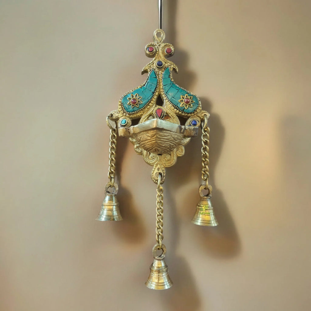 Brass Wall Hanging Deepak with 3 Bells (Multicolour)