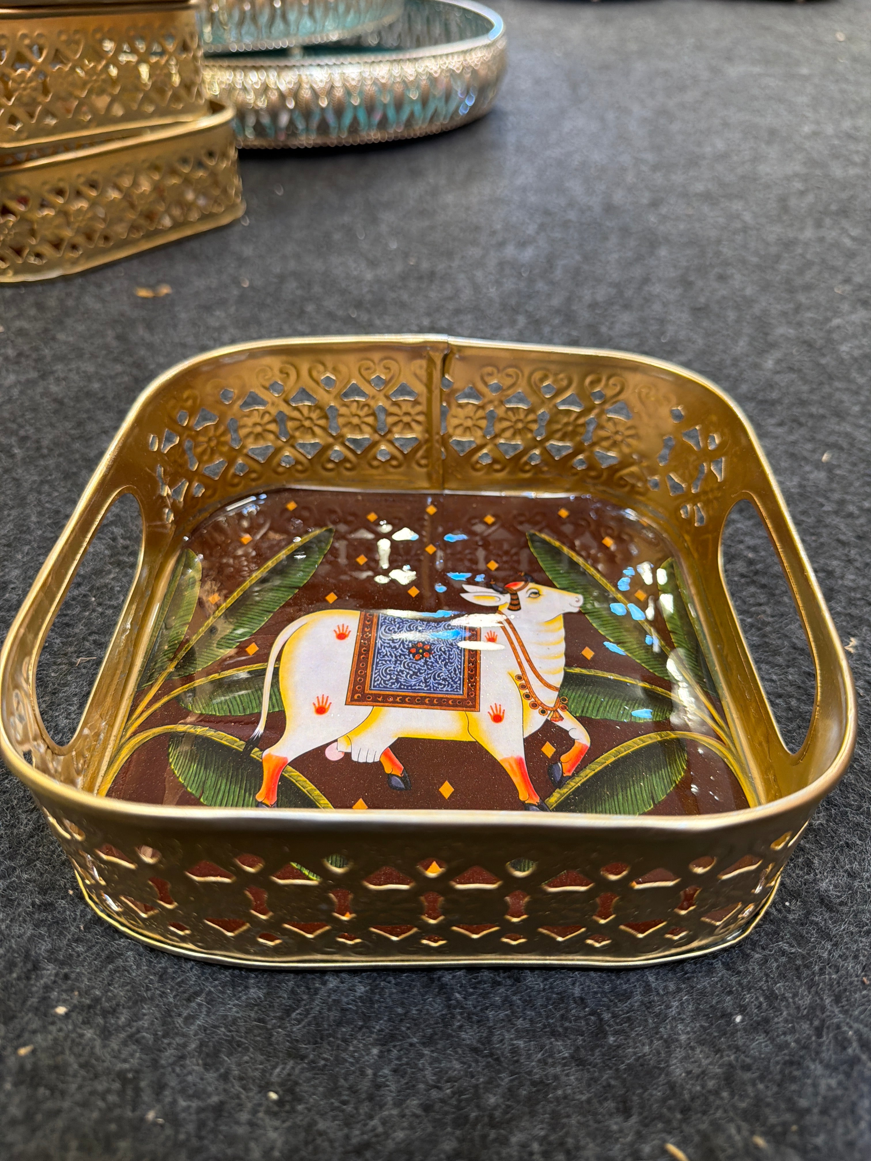 Gold Finish Metal Tray Square 6 inch - Design G