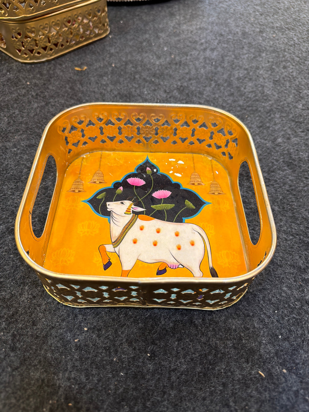 Gold Finish Metal Tray Square 6 inch - Design D