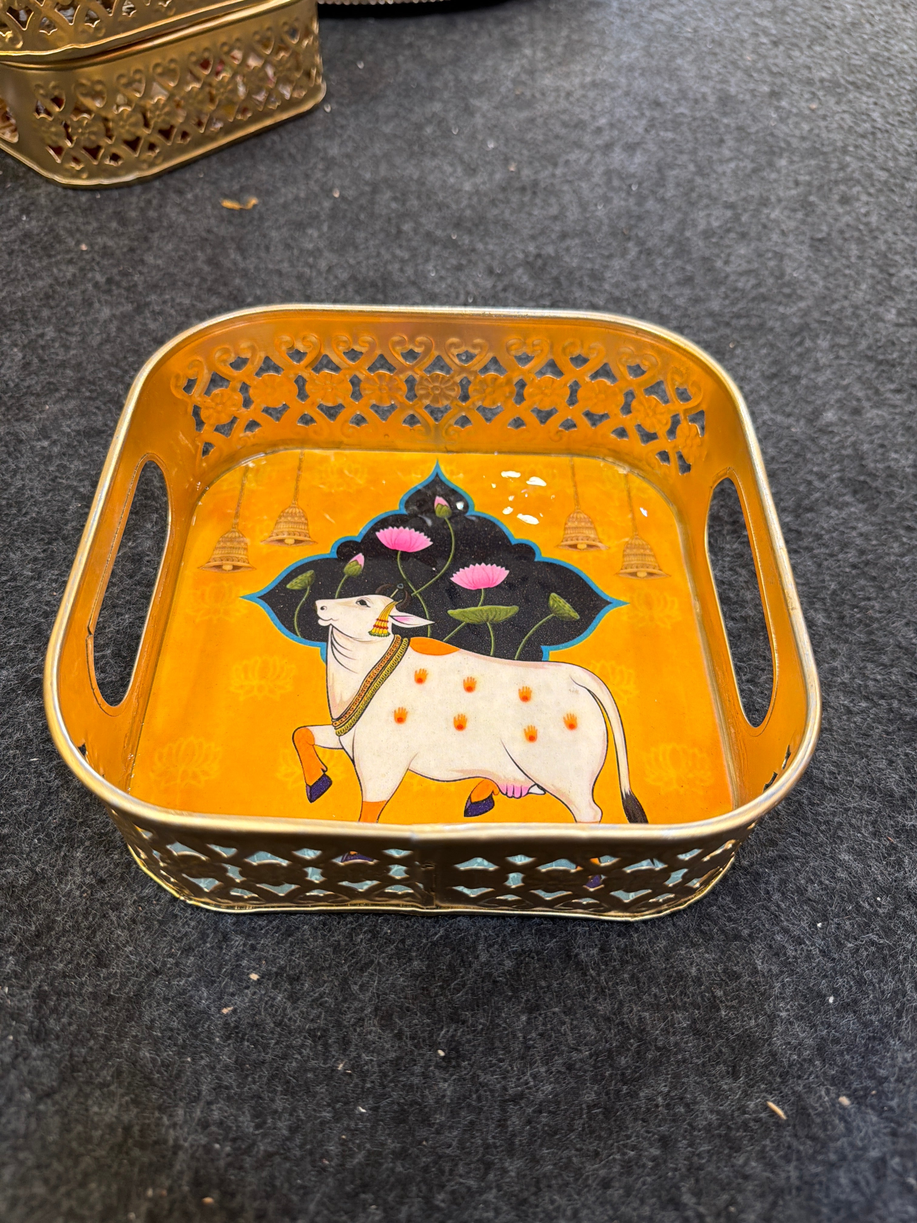 Gold Finish Metal Tray Square 6 inch - Design D