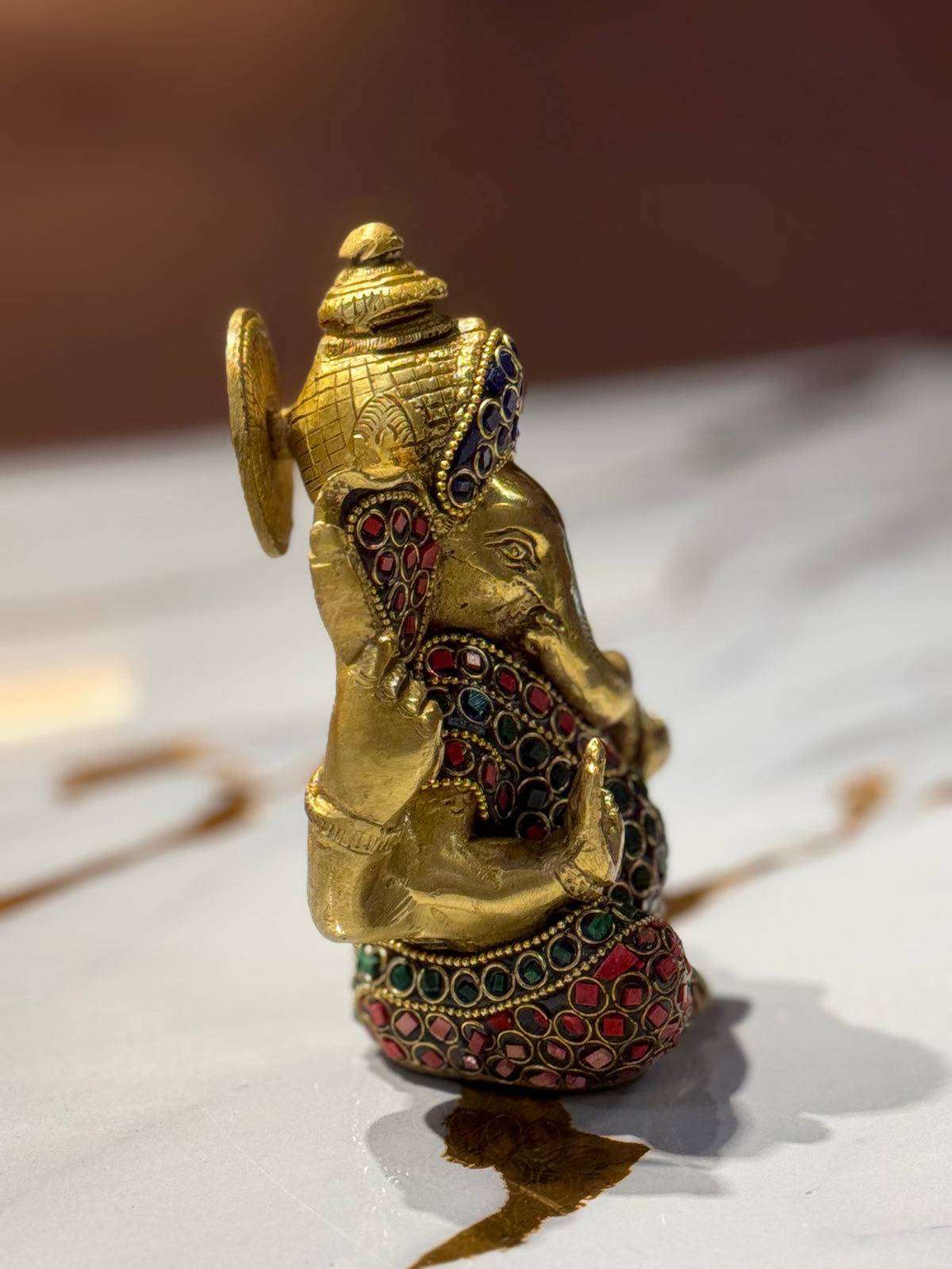 Kundan Stone Vinayagar (Ganesha) Statue - Brass (6" x 5")