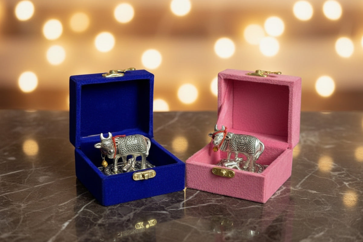 Kamadhenu Cow & Calf Idol with Velvet Gift Box