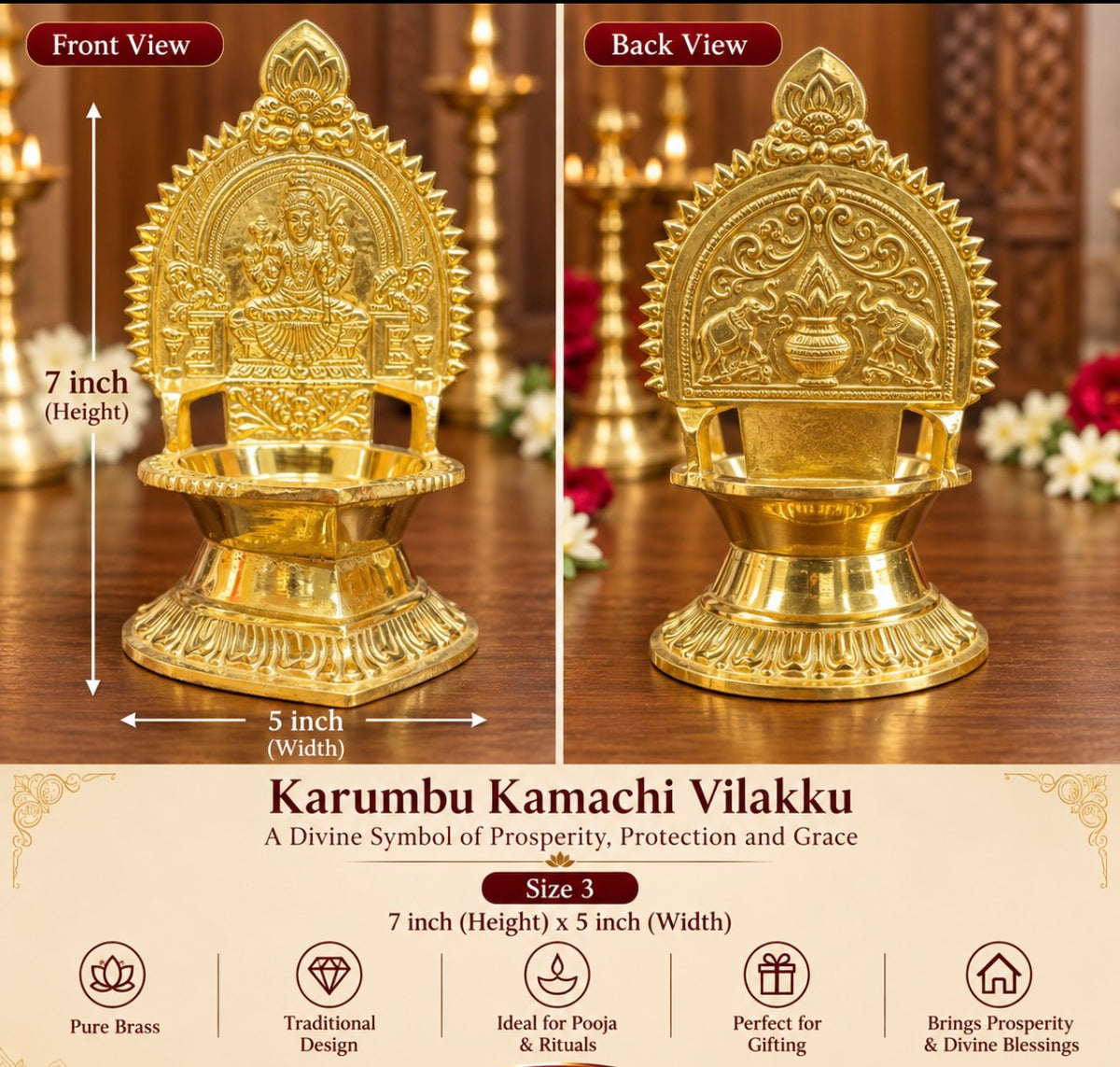 Pure Brass Karumbu Kamachi Vilakku – Size 7